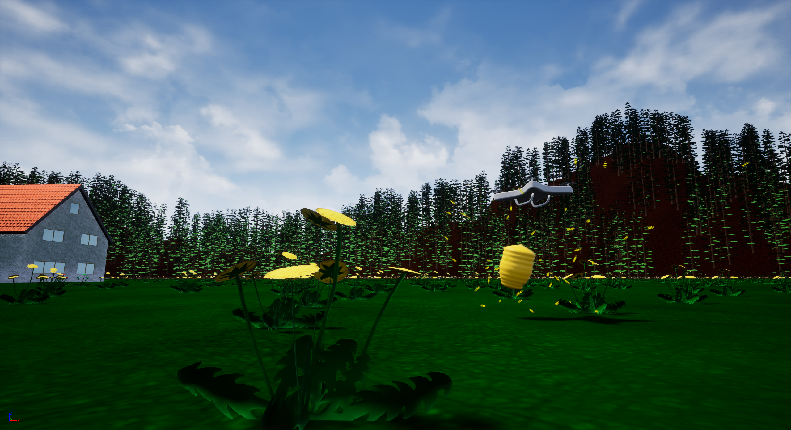Drone flying past a dandelion