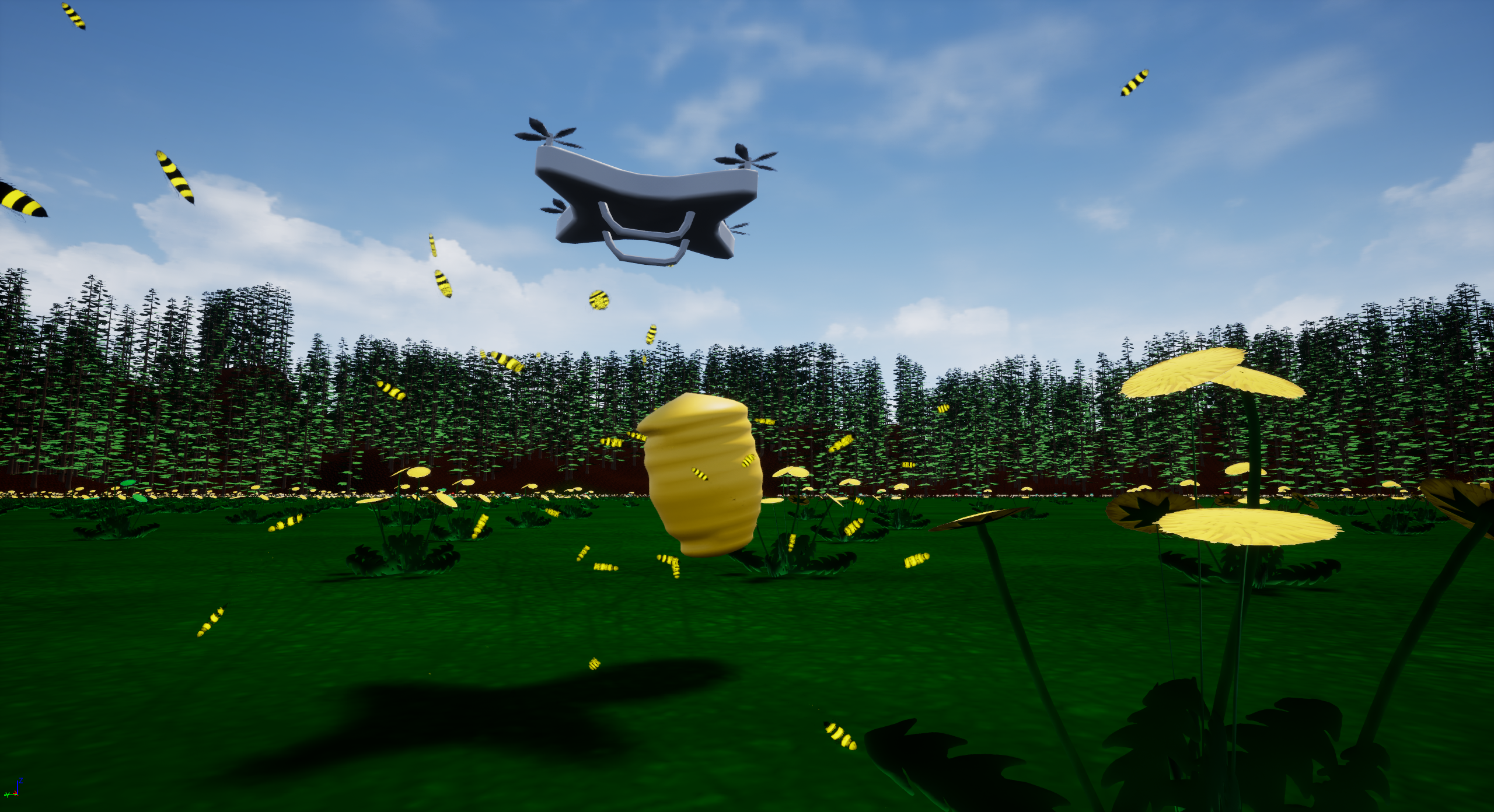 Bee Bomber Game Image drone flying past dandelions, carrying a beehive full of bees