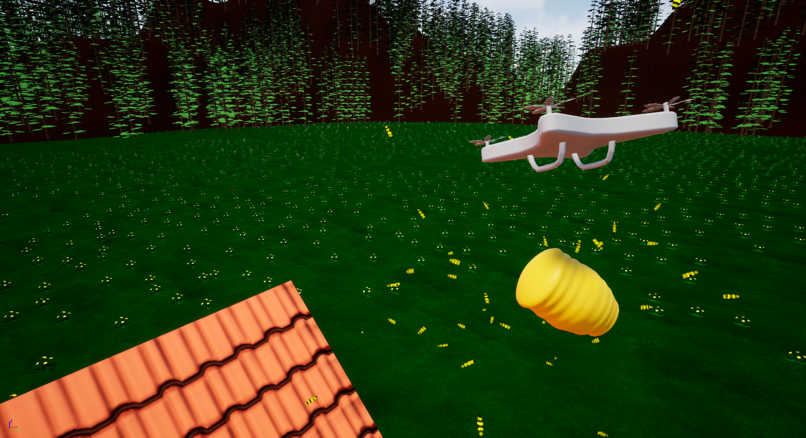 Drone carrying a hive full of bees over a house