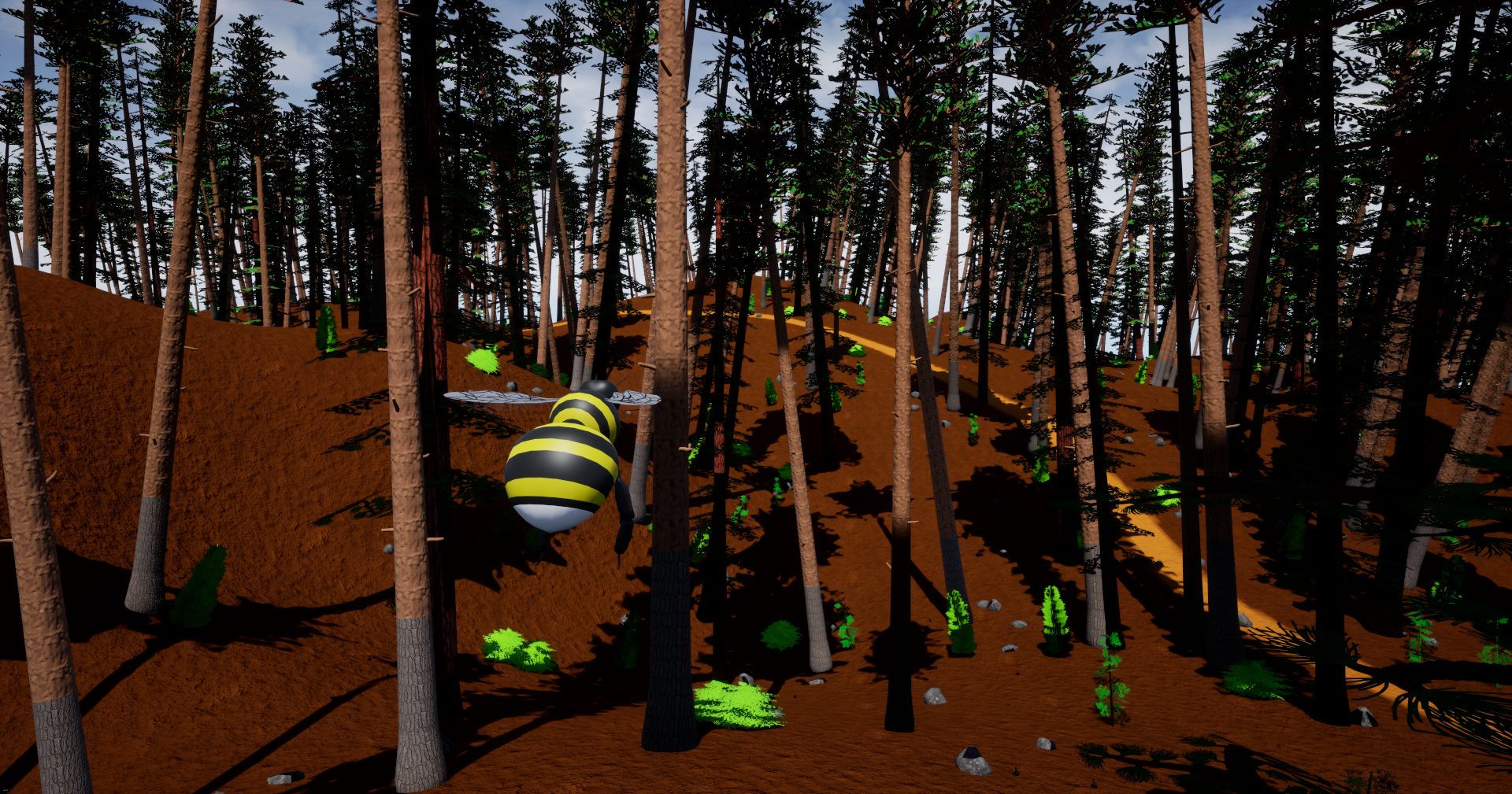 Bombuszled Game Image of a bumble bee flying in a forest.