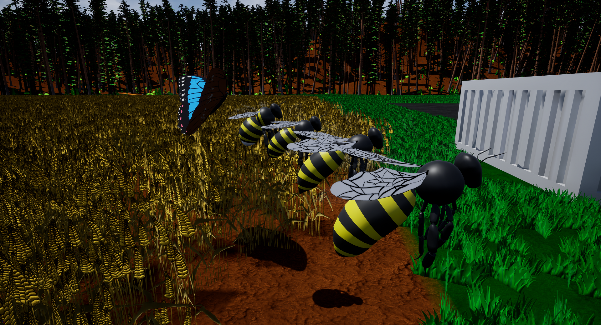 A row of various bees and a blue butterfly