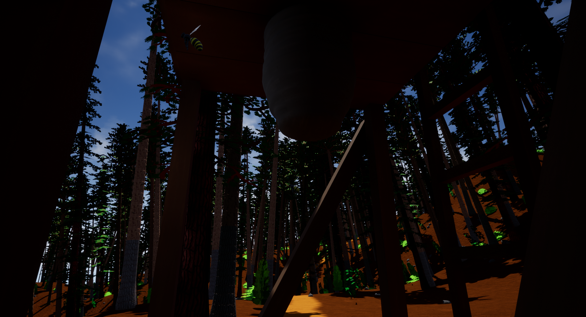 A hornet's nest underneath a wooden tower