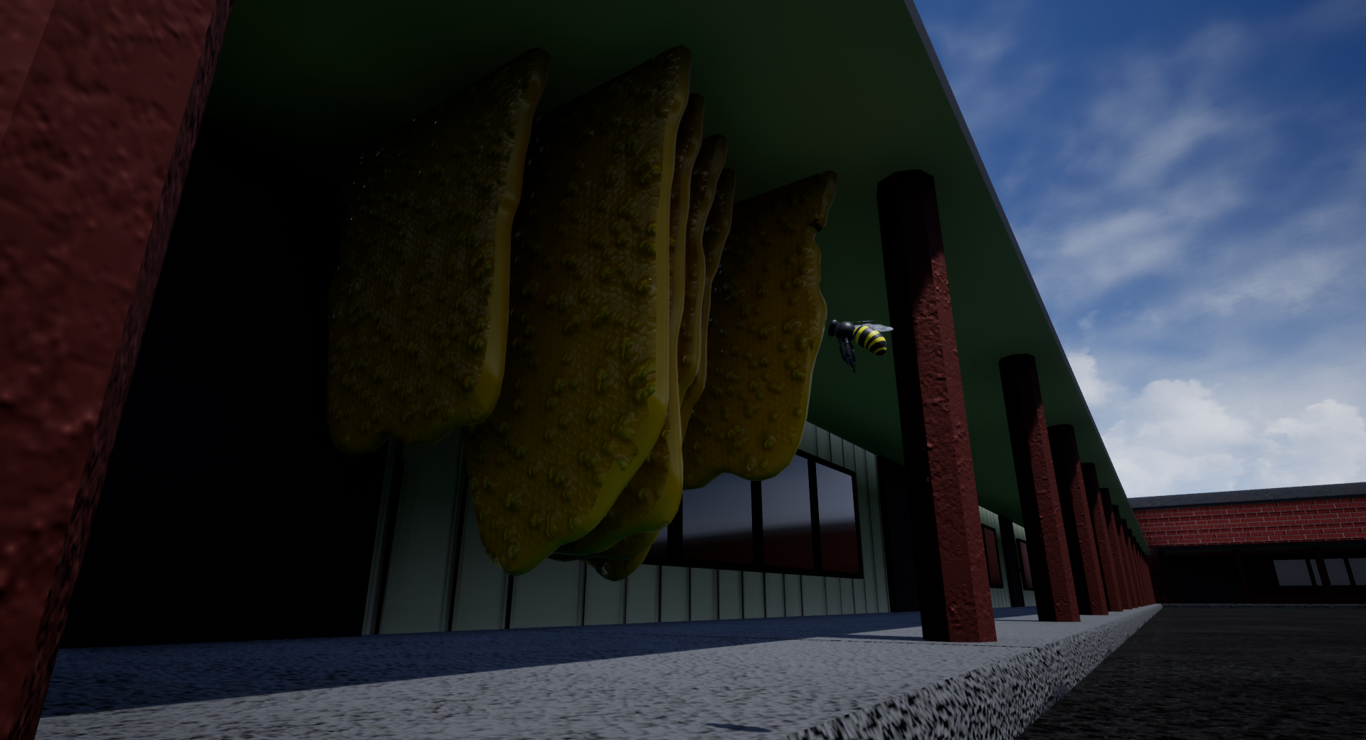 Walls of honeycomb hanging from an awning, surrounded by bees