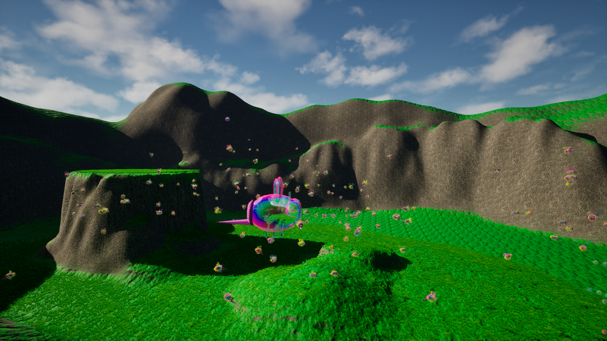 A bubble bee flying in a meadow full of bubble bees