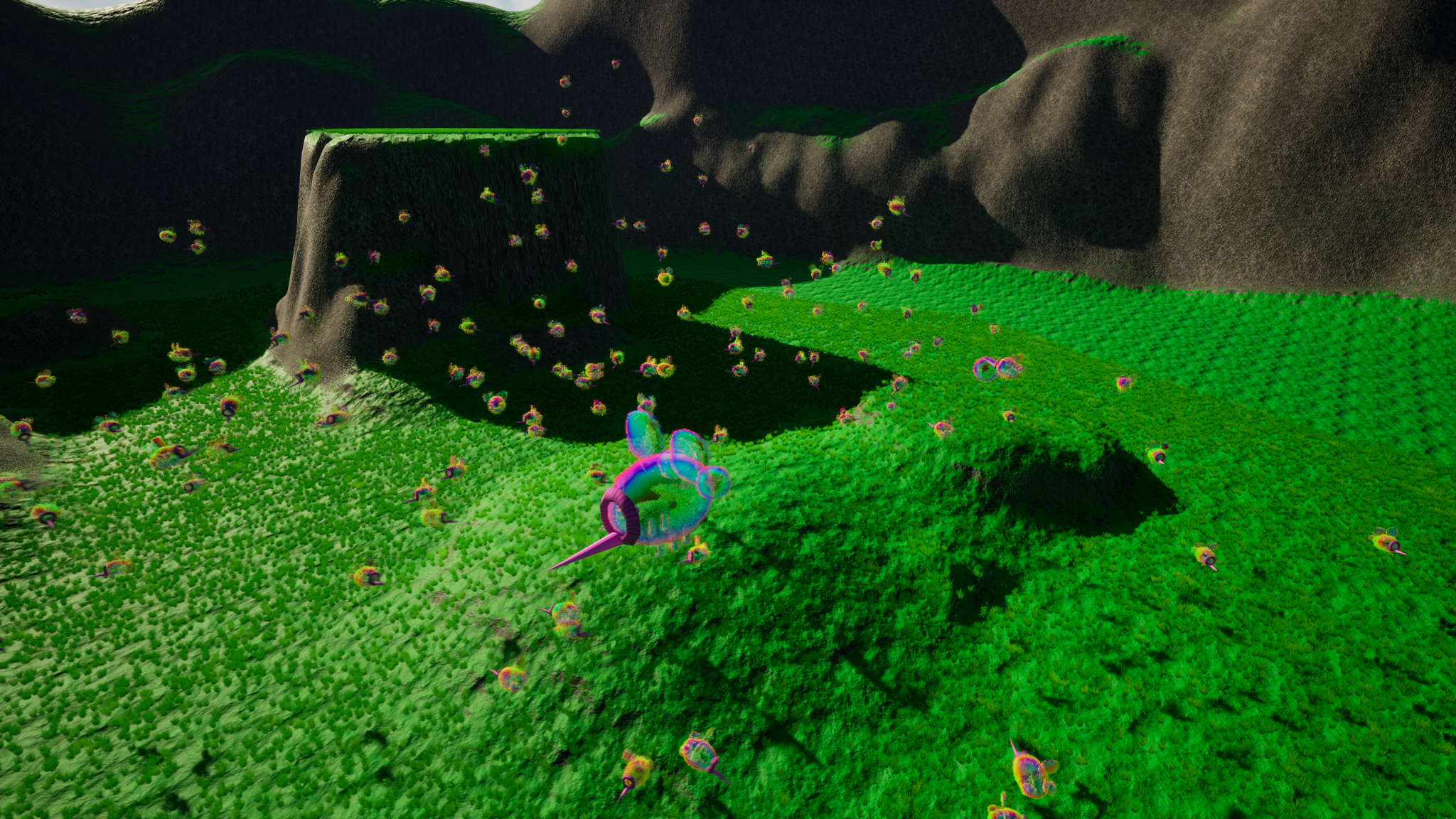 A bubble bee flying in a meadow full of bubble bees