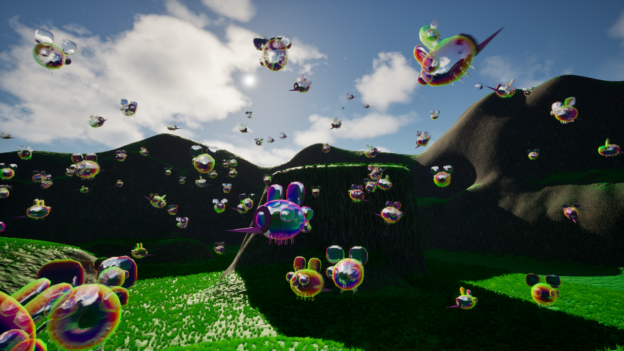 A bubble bee being attacked by bubble bees on all sides