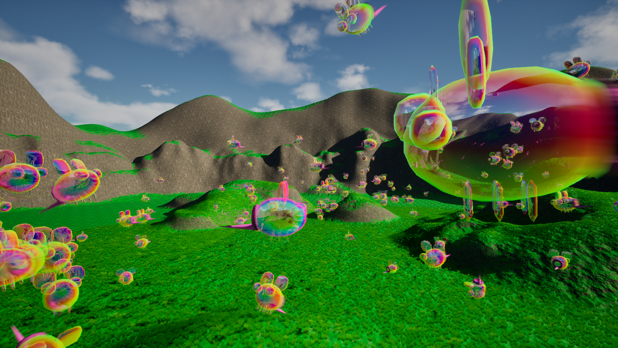 Bubble Bee Battle Game Image of several bubble bees flying around a meadow surrounded by mountains
