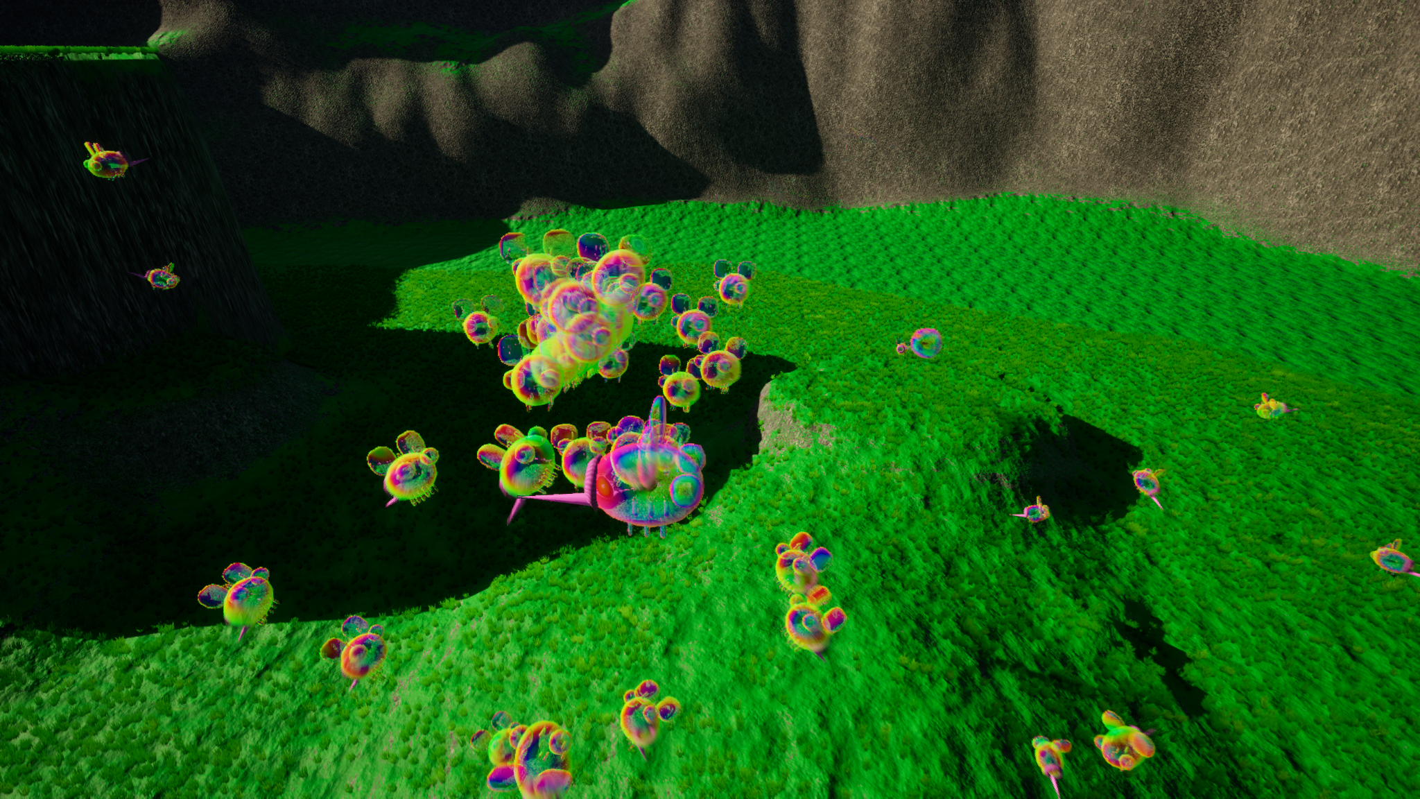 A bubble bee being attacked from below by bubble bees