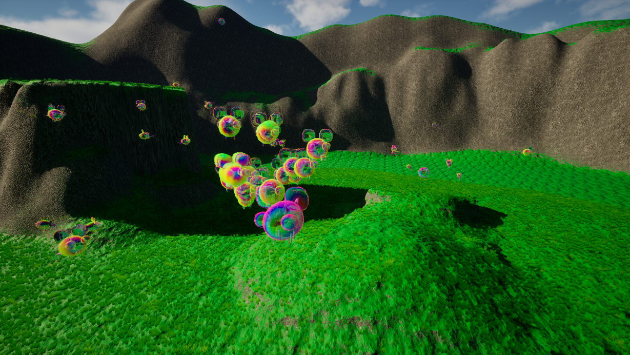 A bubble bee being chased by other bubble bees