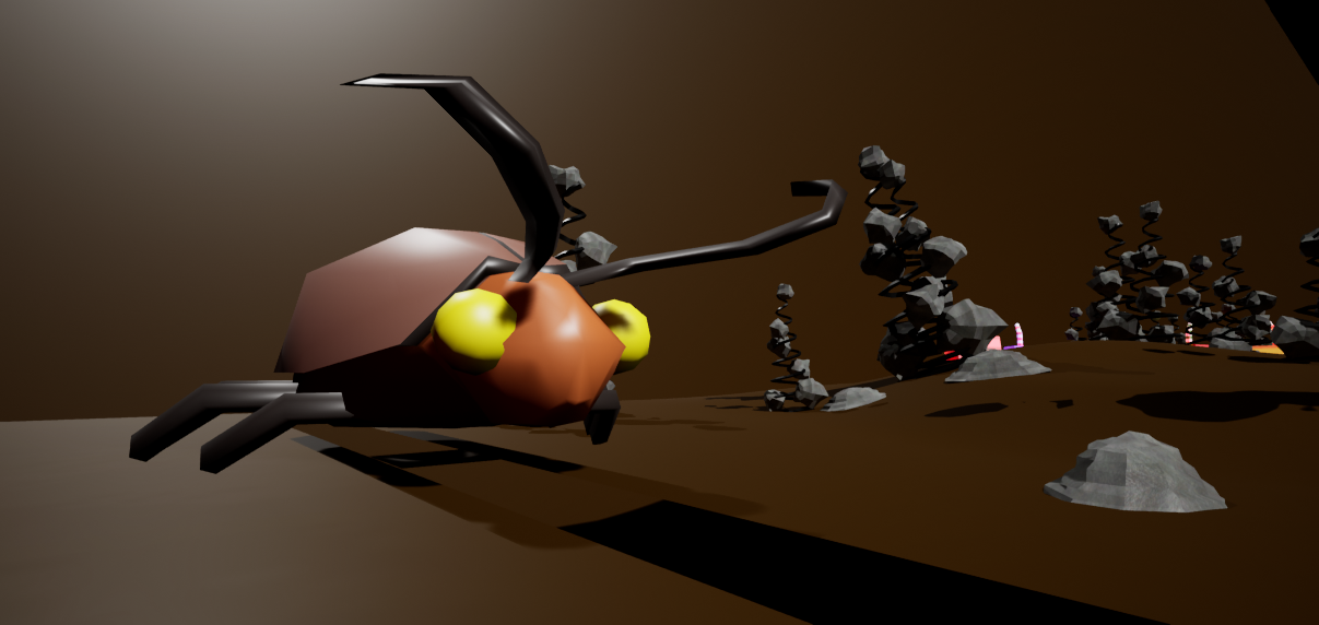 A giant cockroach standing at the edge of a forest of lint trees