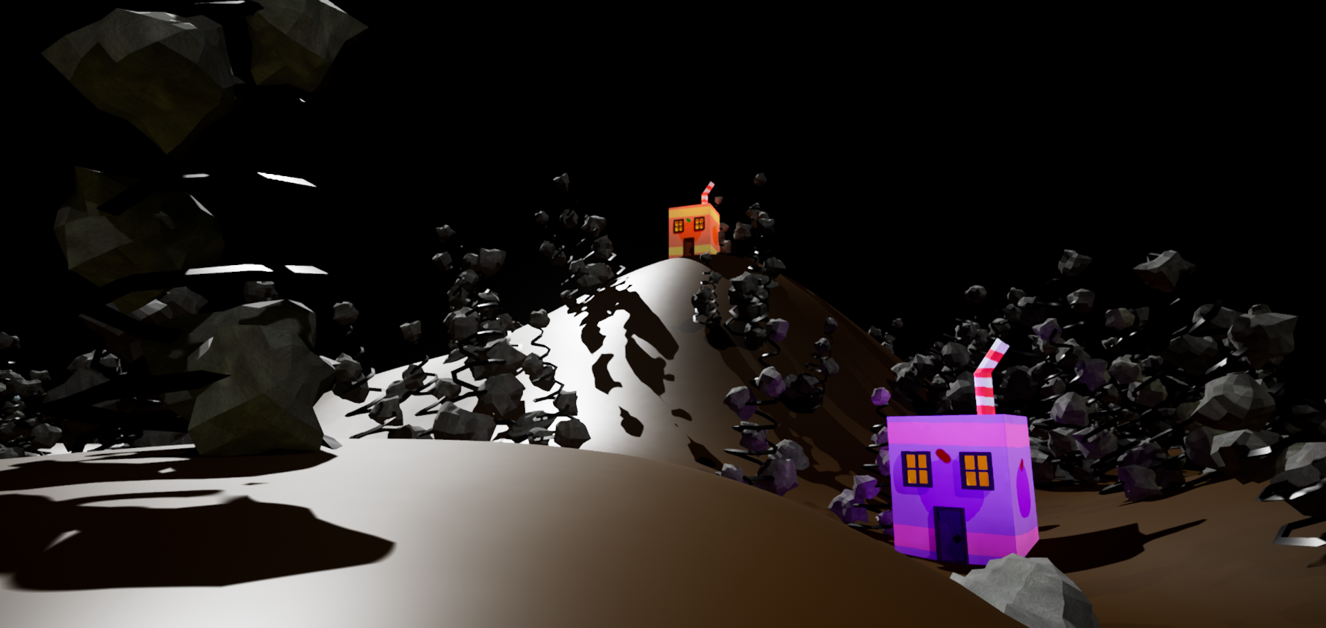 A forest filled with lint trees at the edge of a juicebox village