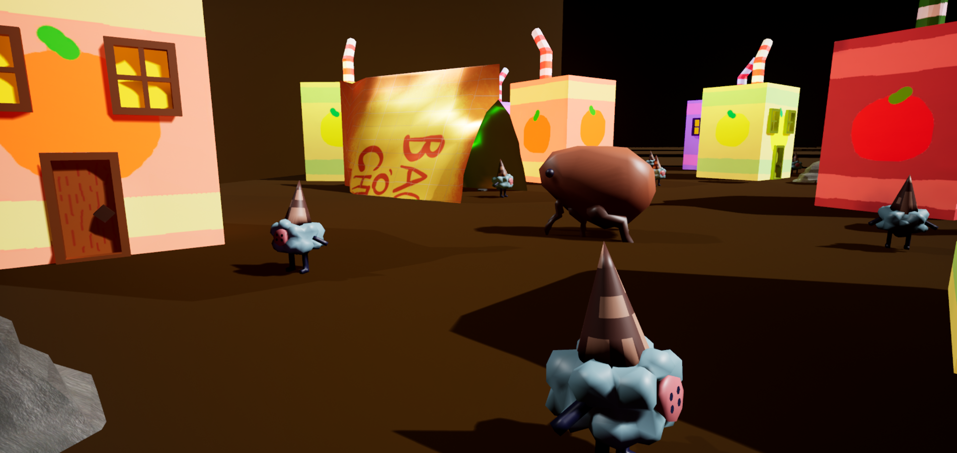 A juicebox village bustling with lint gnome residents and their giant pet fleas