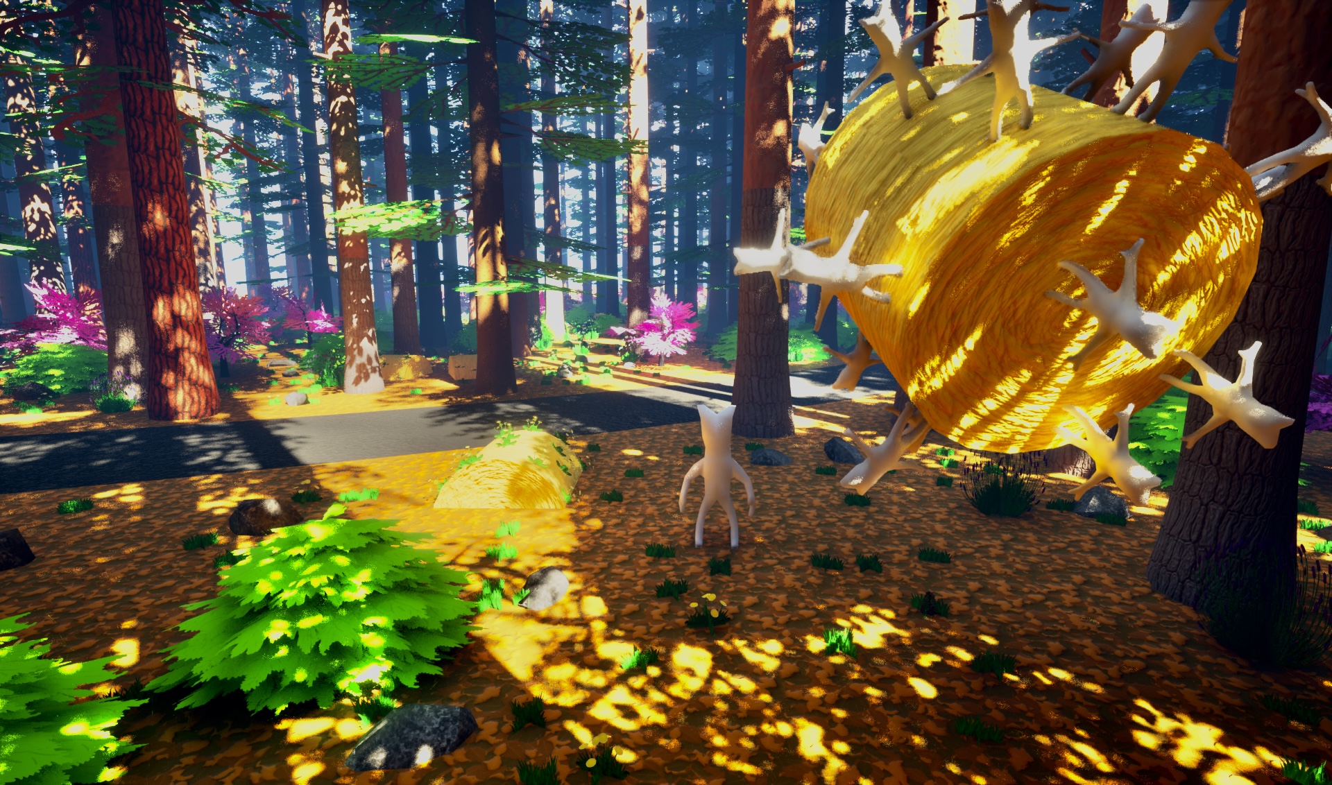 Abomination in a bright forest staring at a haywheel covered in smaller Abominations
