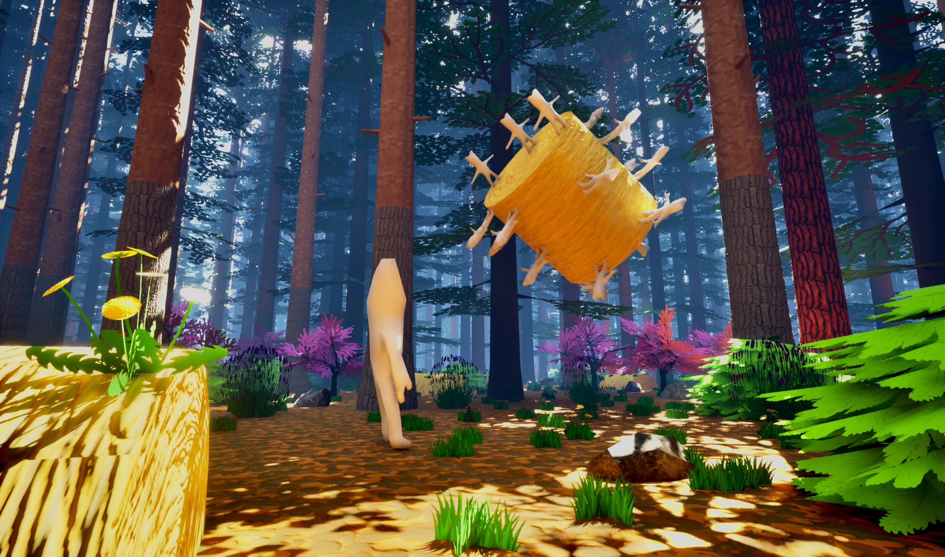 Abomination in a bright forest staring at a haywheel covered in smaller Abominations