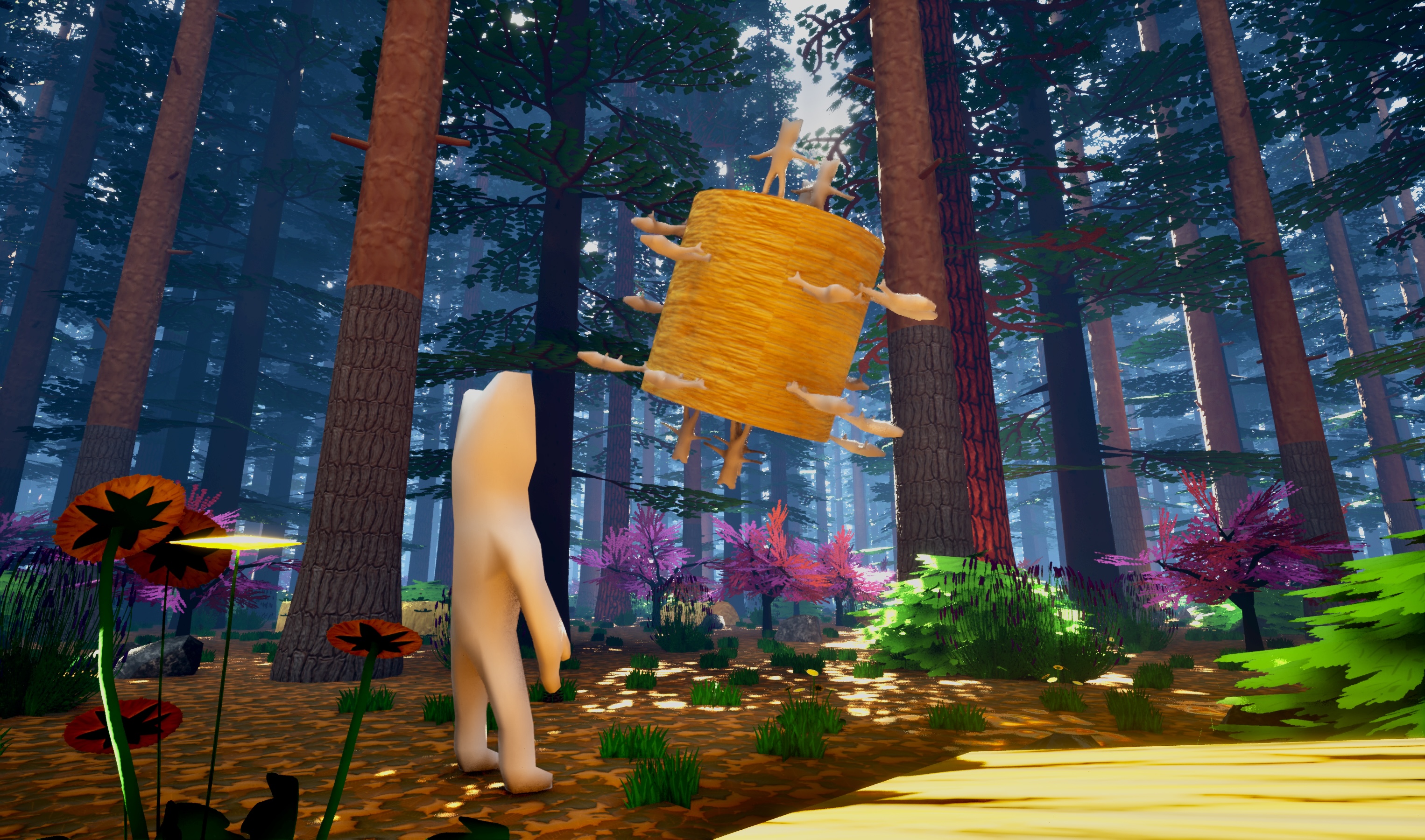 Abomination in a bright forest staring at a haywheel covered in smaller Abominations