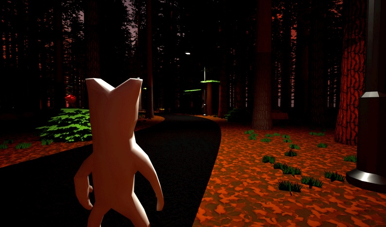 Abomination walking down a road leading into a spooky forest