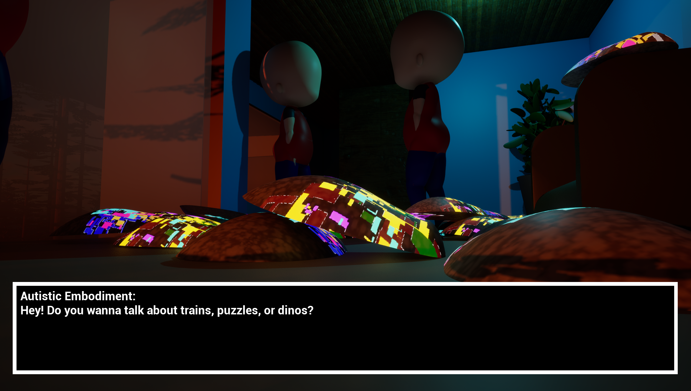 Character in a room with discarded masks on the floor, speaking to an NPC who says, 'Hey! Do you wanna talke about trains, puzzles or dinos?'