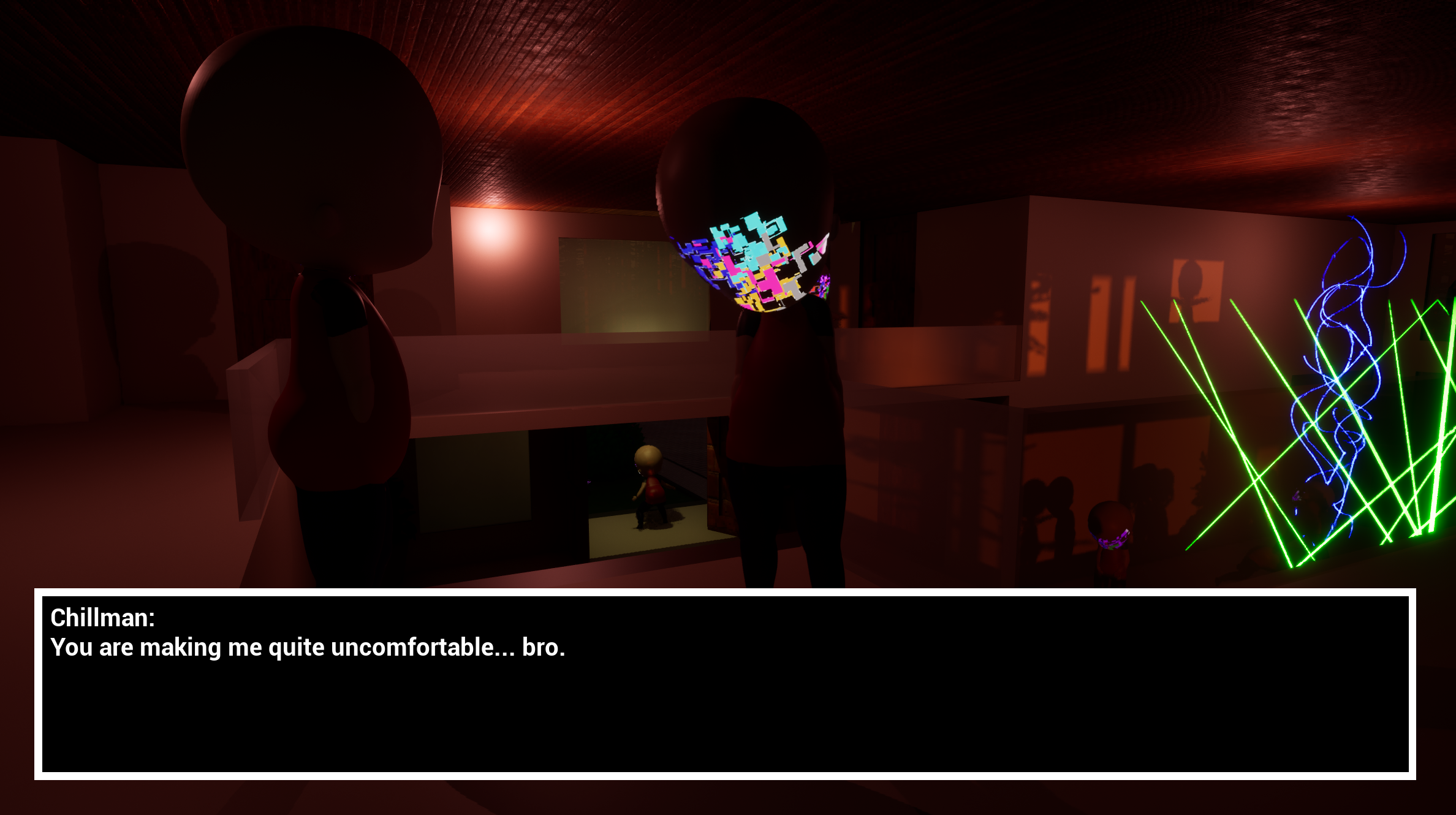 Character at a party, not matching the face of an NPC who says, 'You are making me quite uncomfortable... bro'