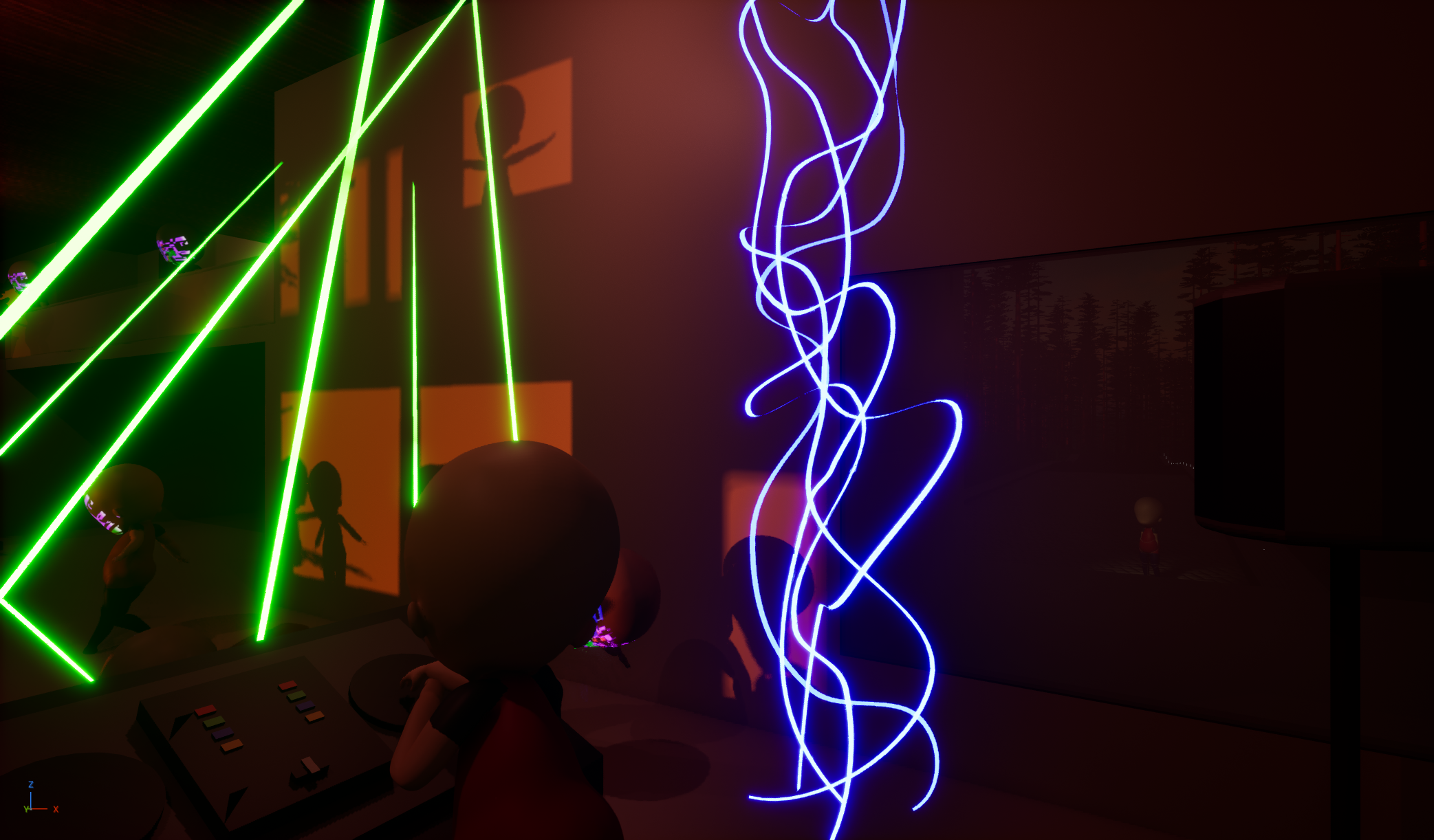 A party with a DJ, people dancing, and the main character awkwardly standing outside