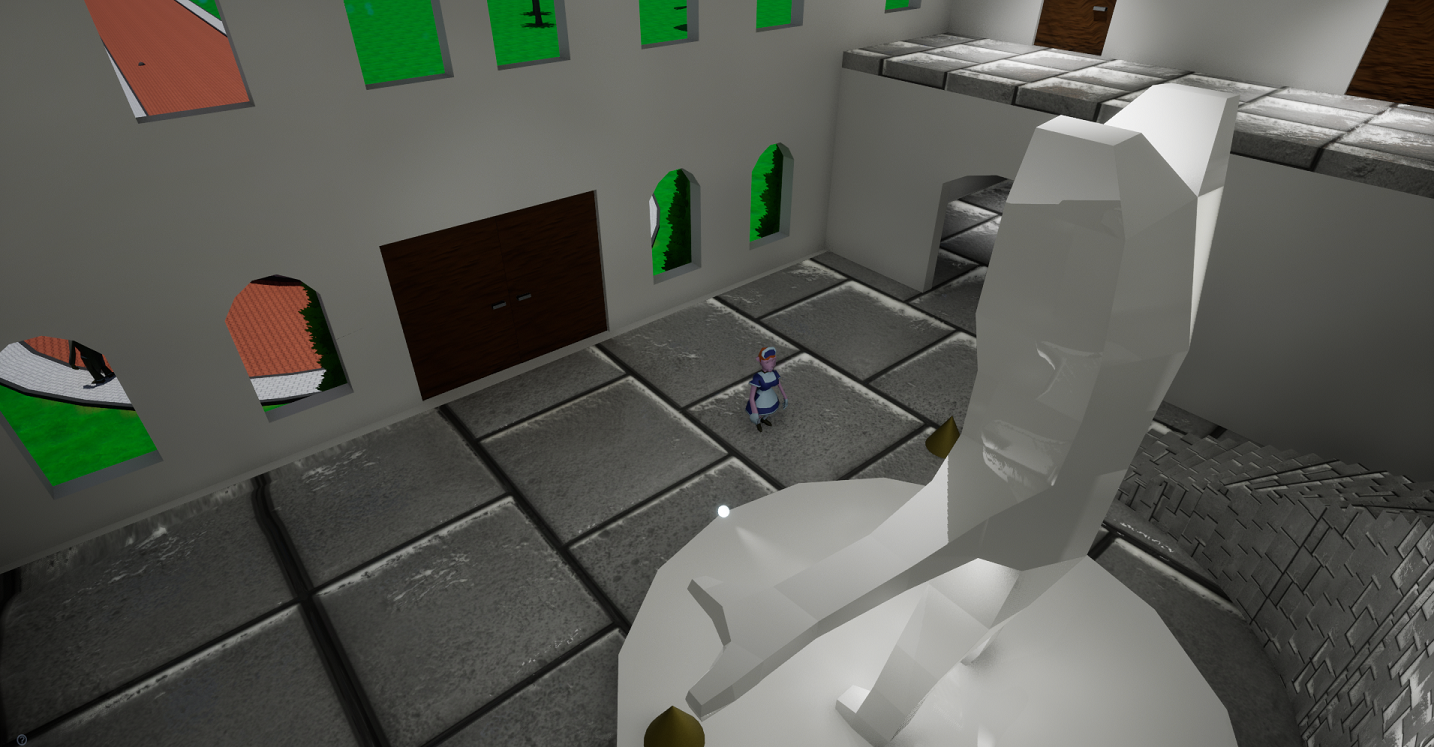 Monster Manor Madness Game Image of a maid in a mansion's foyer, below a large statue of Abomination.