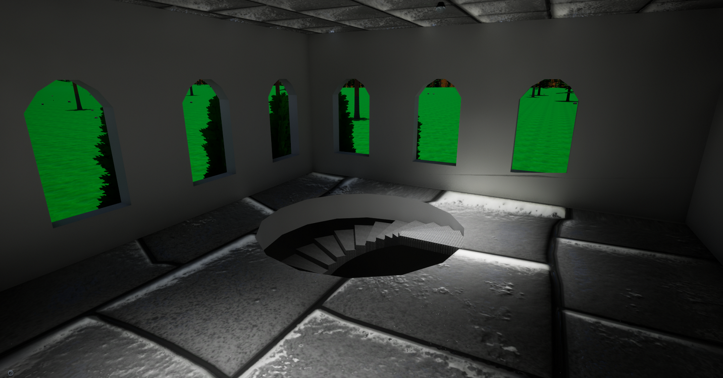 A stairwell leading to the basement of the manor