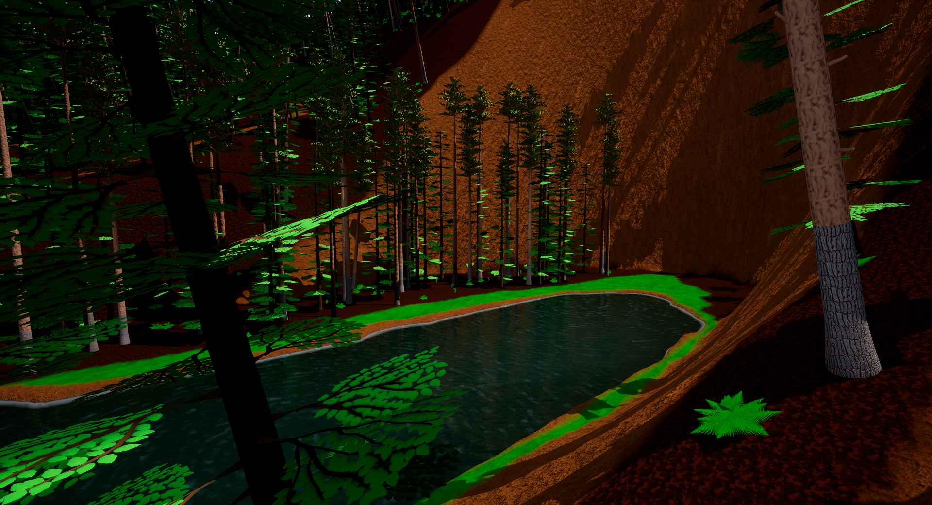 A lake at the base of a hill, viewed from the edge of a forest