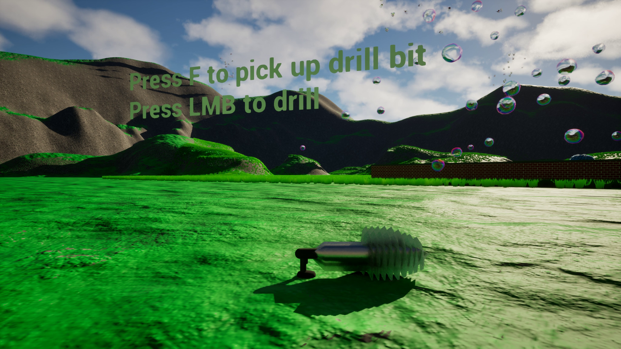 The drill's starting area, instructions read 'Press F to pick up drill bit, press LMB to drill'