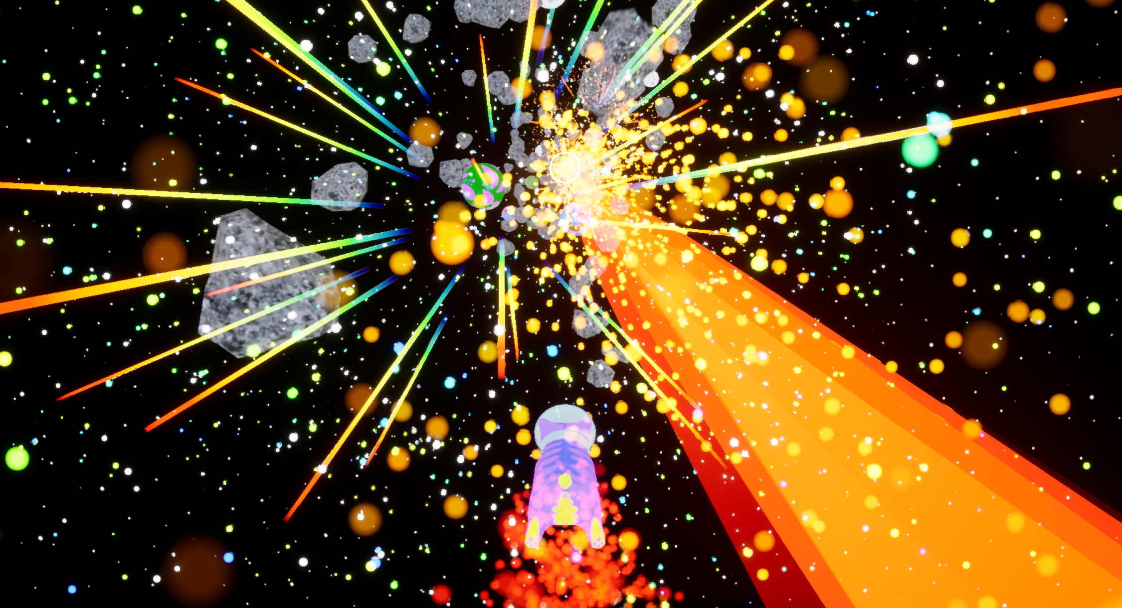 Space cat shooting a beam, causing an asteroid to explode