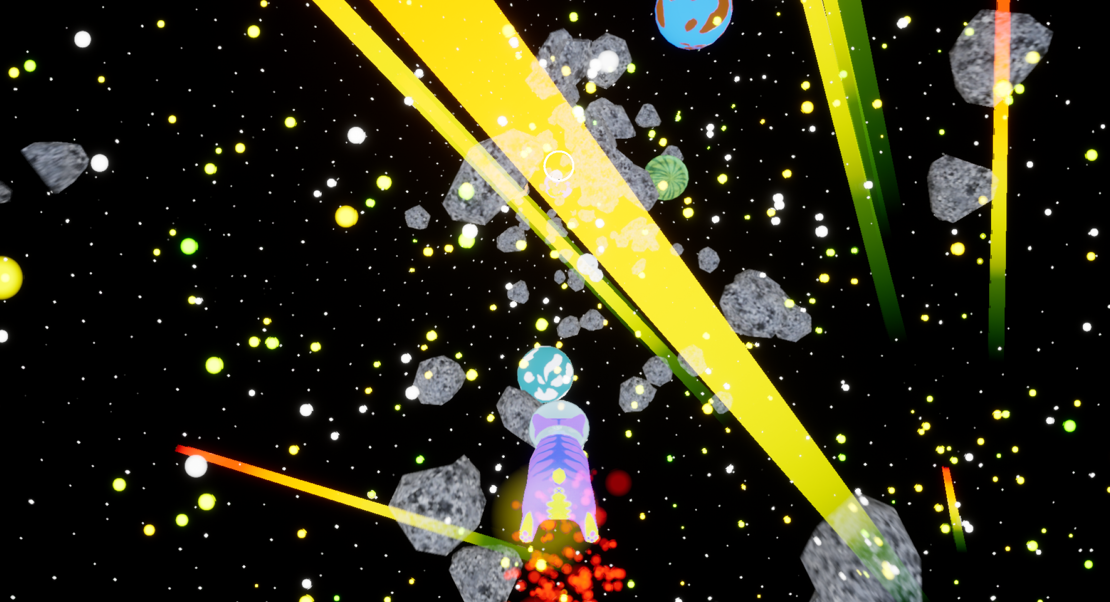 Orbituary Game Image of purple space cat flying through cosmic beams towards some asteroids