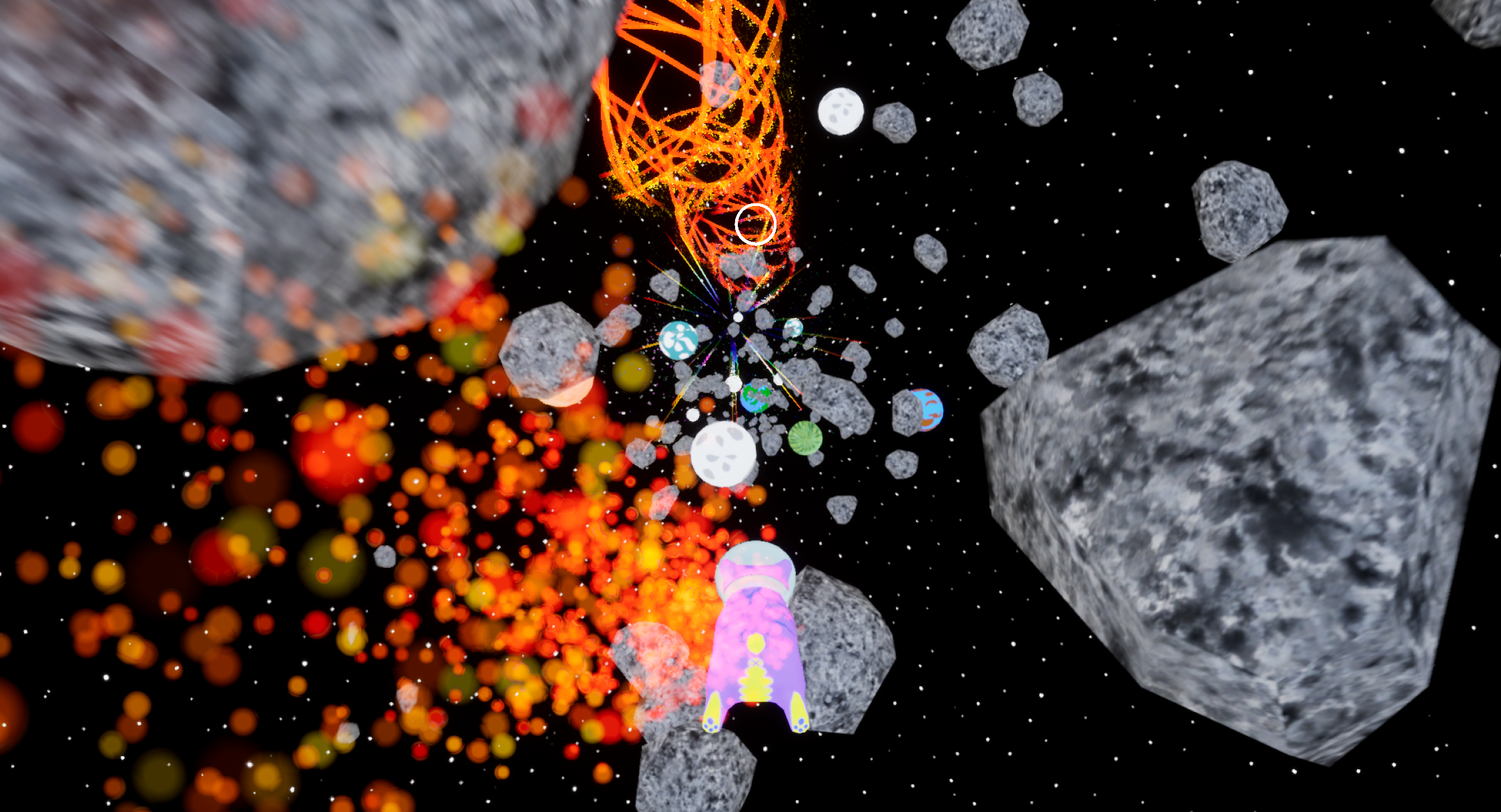 Space cat flying between two asteroids