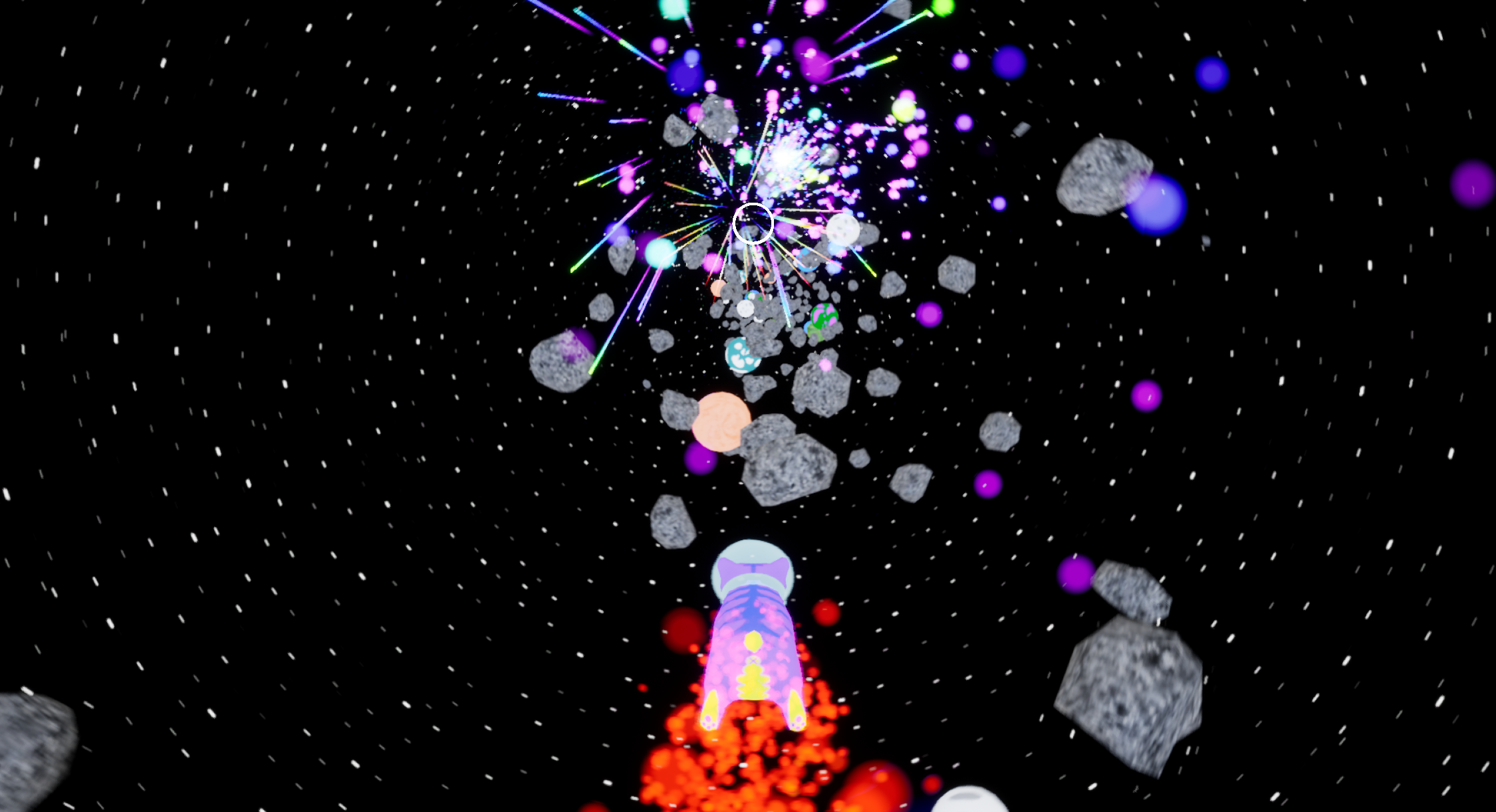 Space cat flying towards exploding asteroids