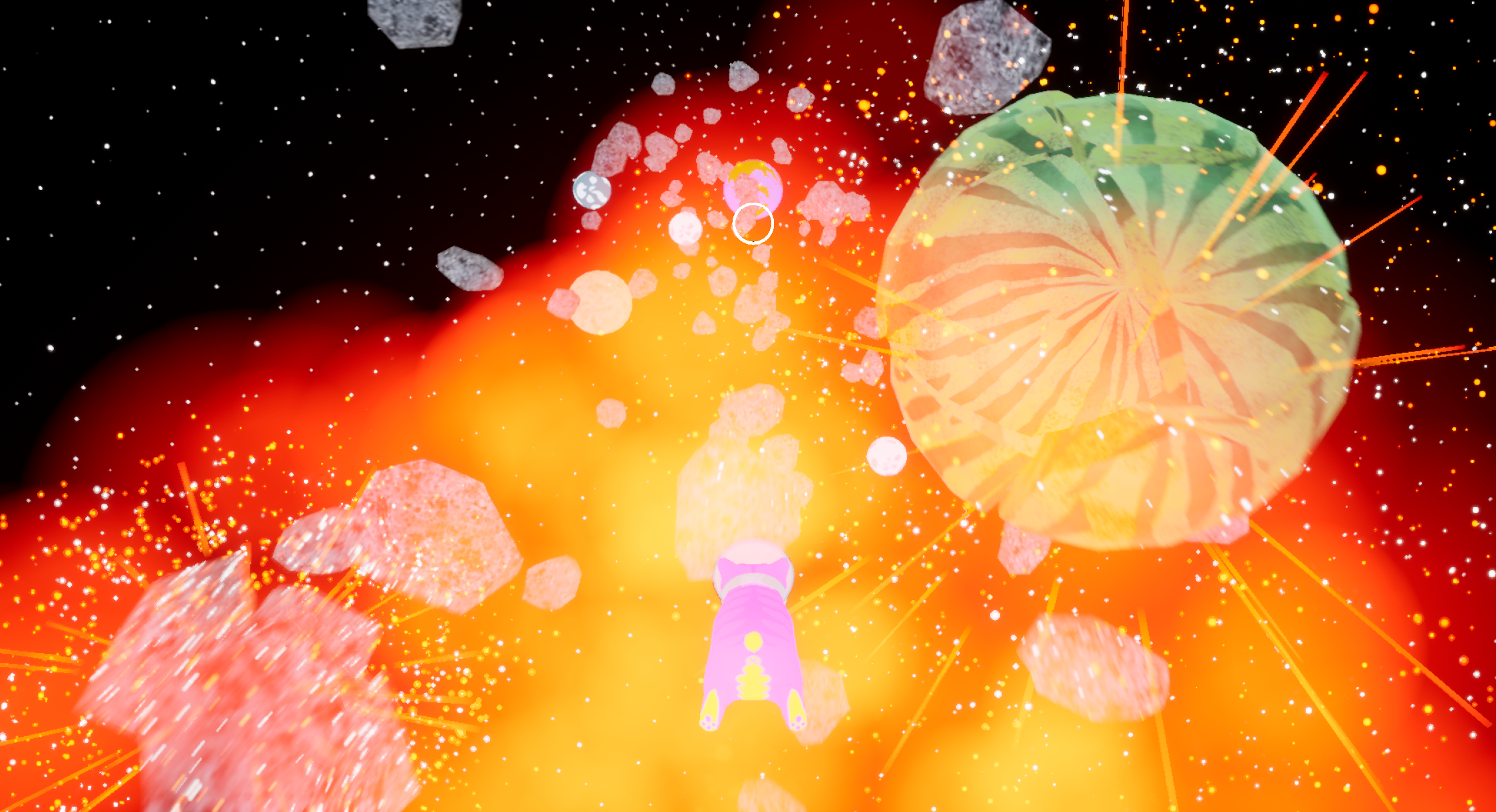 Space cat enveloped in their expanded comet energy, causing nearby celestial objects to explode