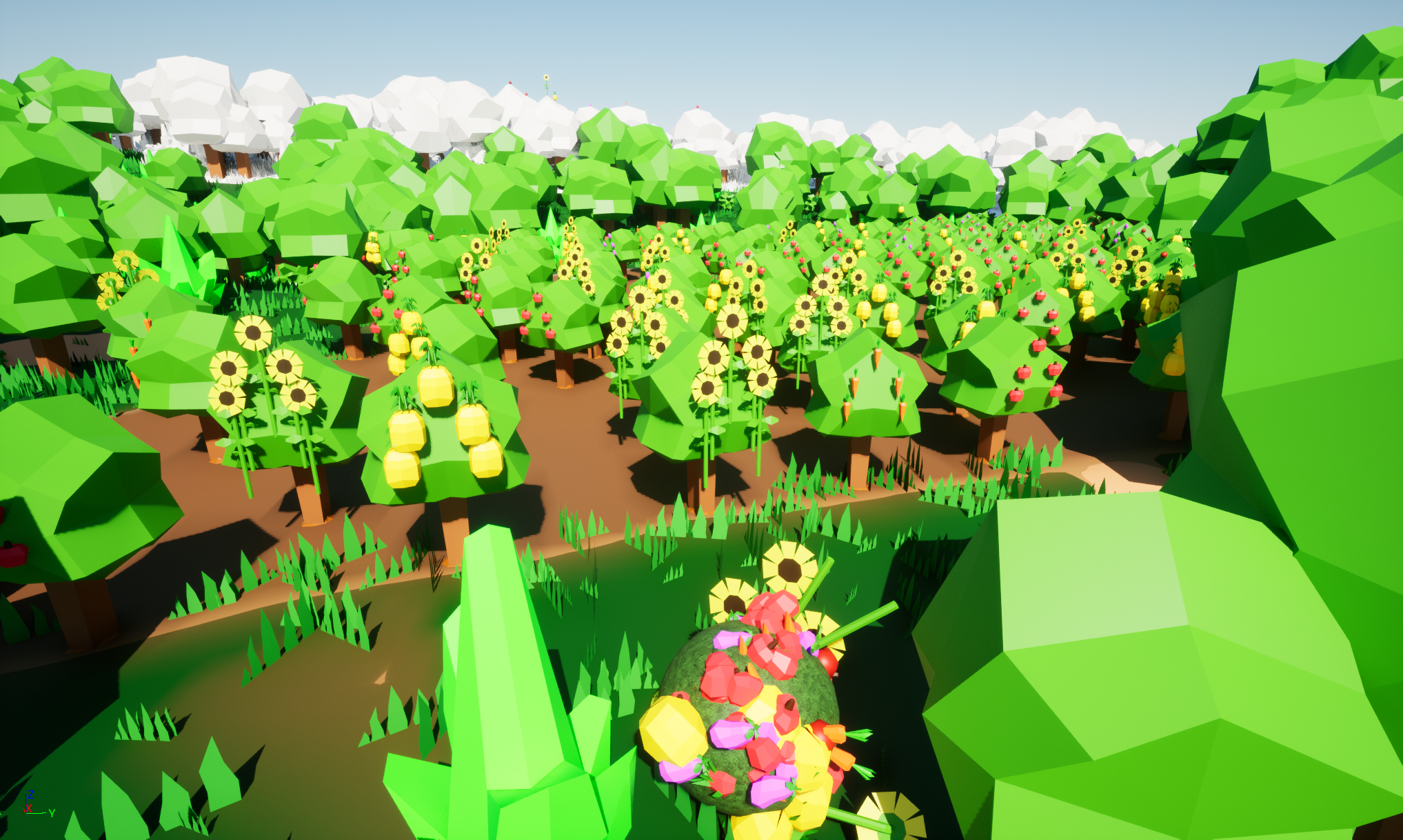 Rootball Game Image of a rootball covered in plants heading towards an unusual orchard of trees growing various fruits, vegetables, and sunflowers