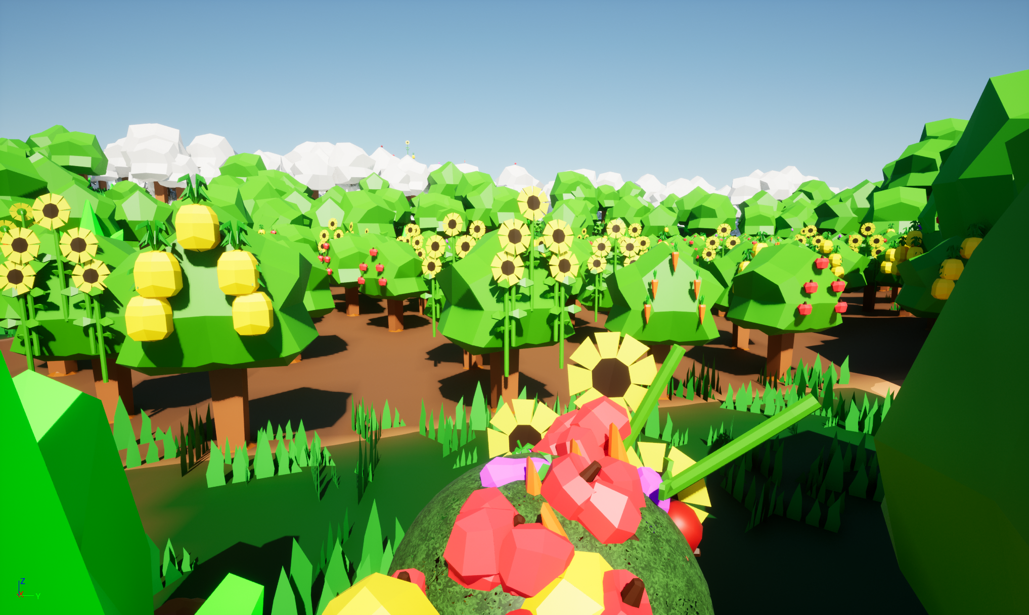 Rootball covered in plants, overlooking a huge orchard of trees that are growing fruits, vegetables, and sunflowers