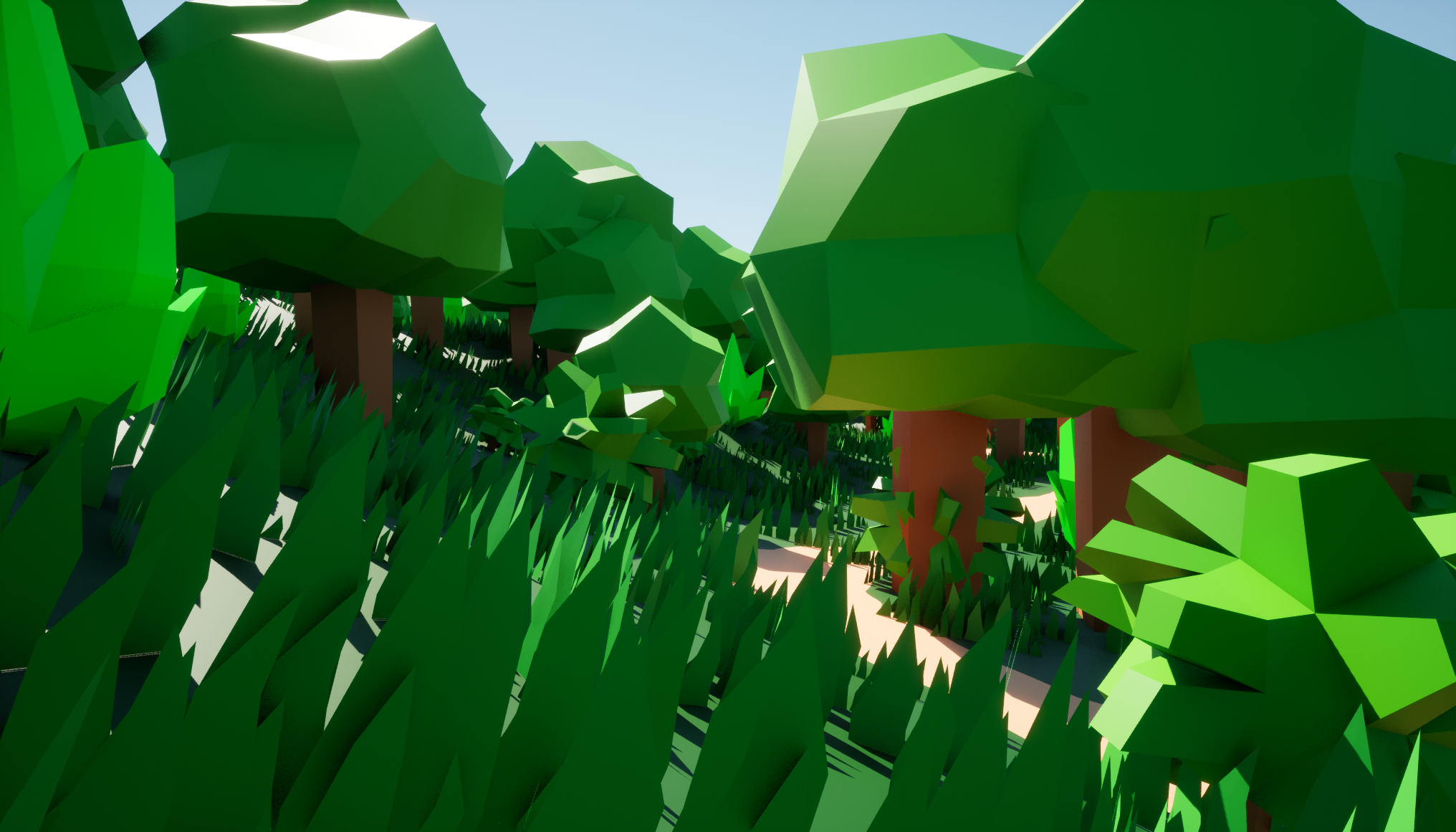 A low-poly forest viewed from the grass
