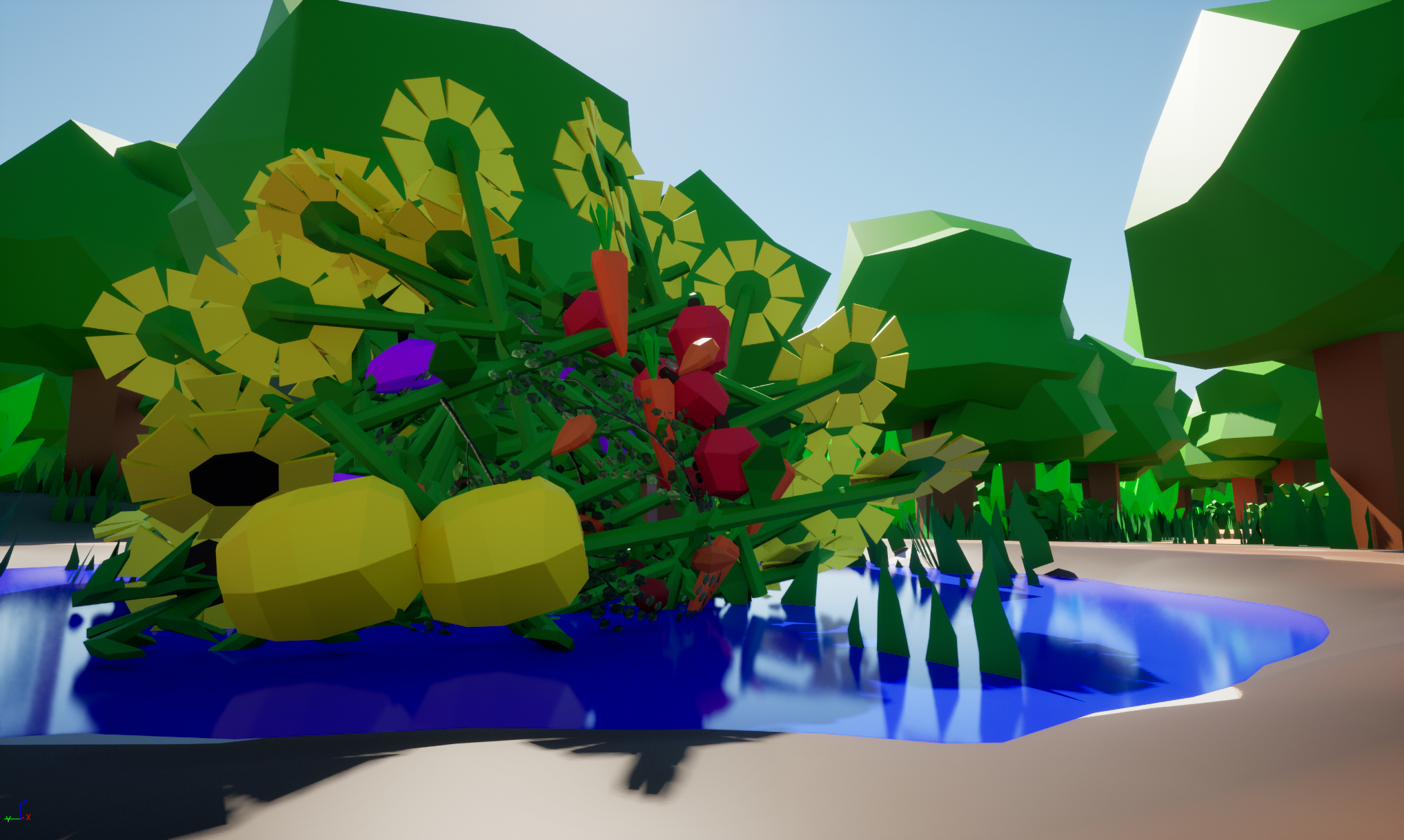 Rootball carrying fruits, vegetables, and sunflowers
