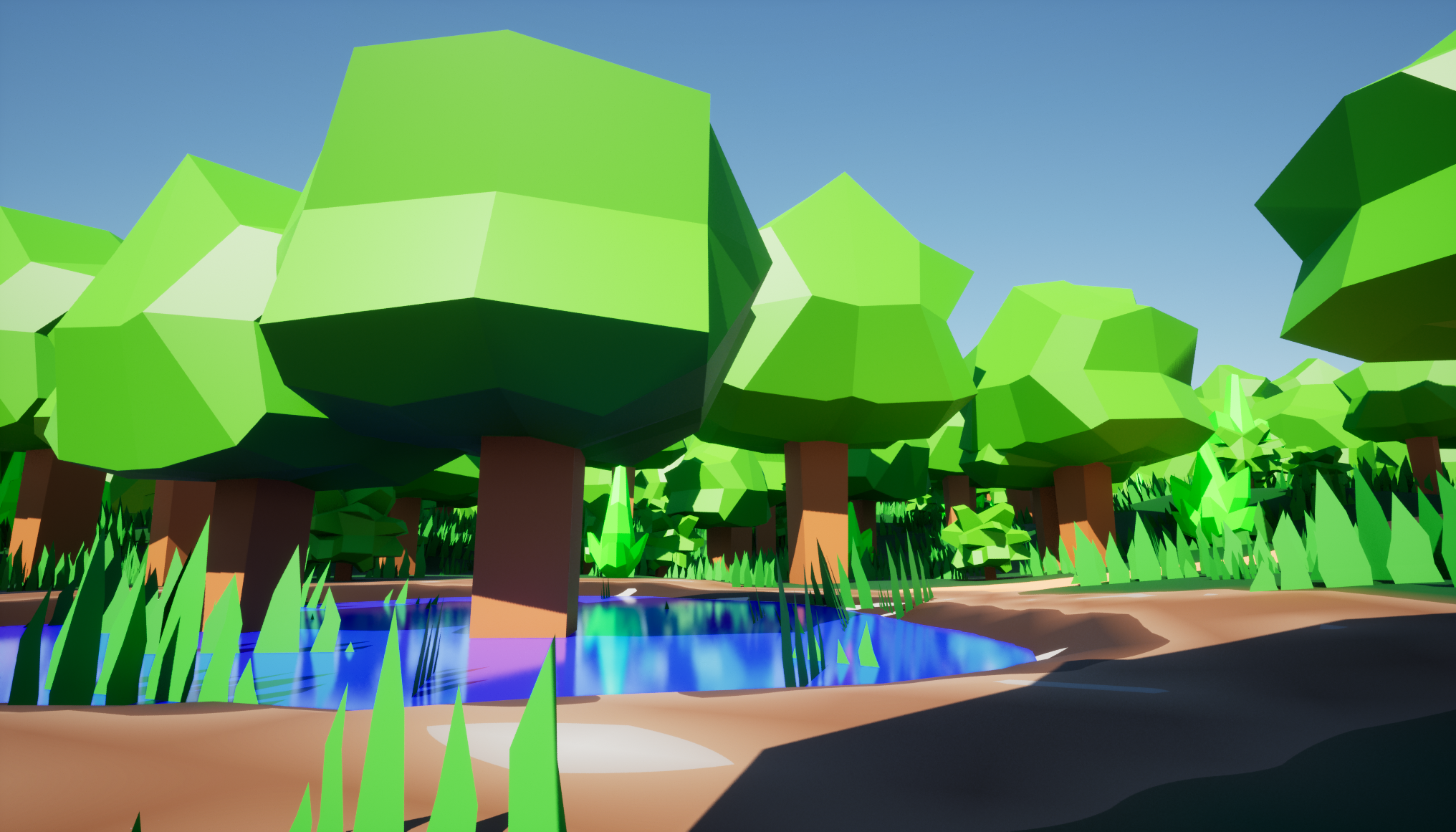A small pond reservoir with a couple trees growing from the center in the middle of a forest