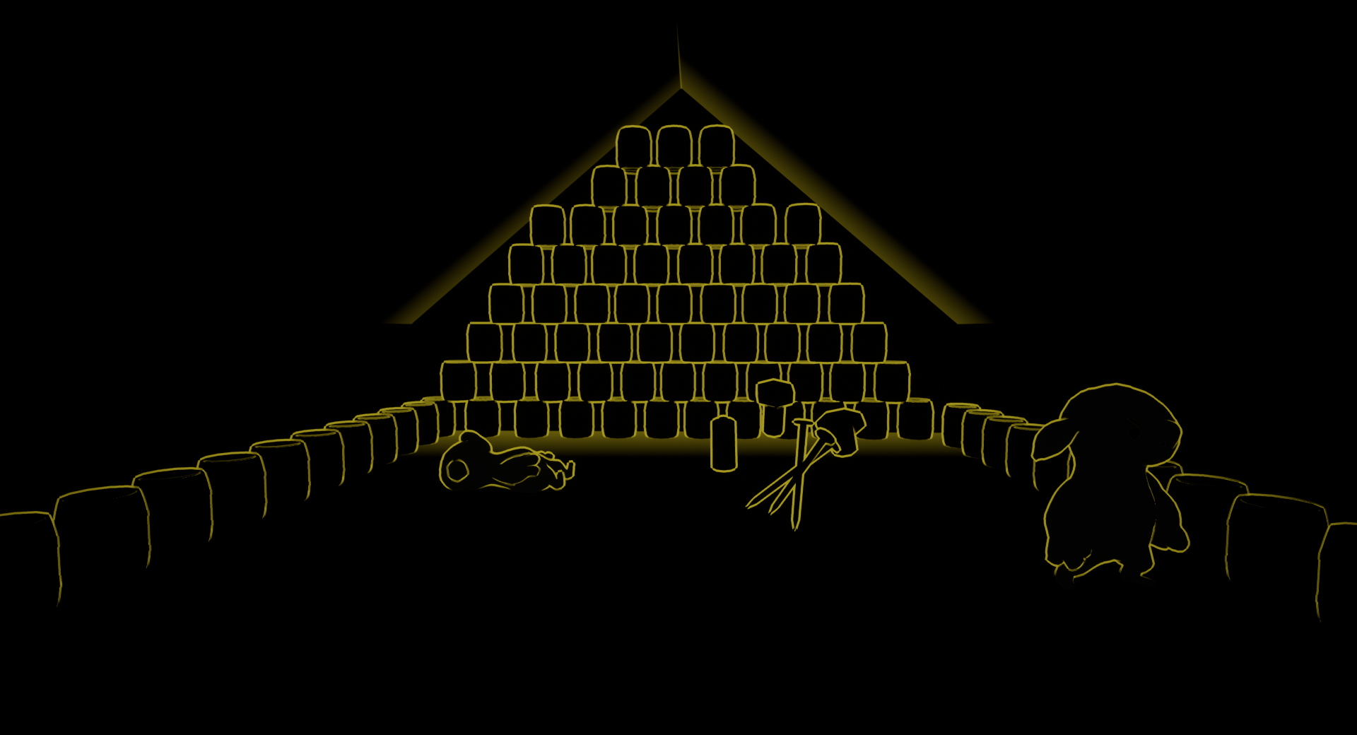 A couple alien NPCs in the attic of a speakeasy, one is lying on the floor