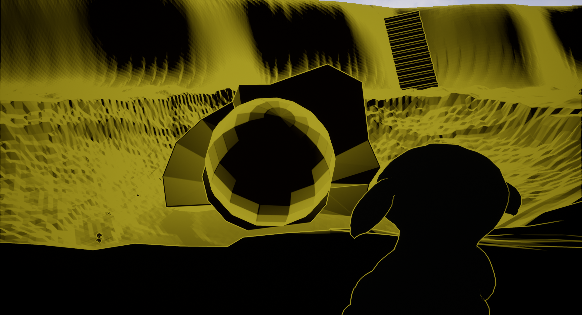A giant spaceship partially buried in a massive crater